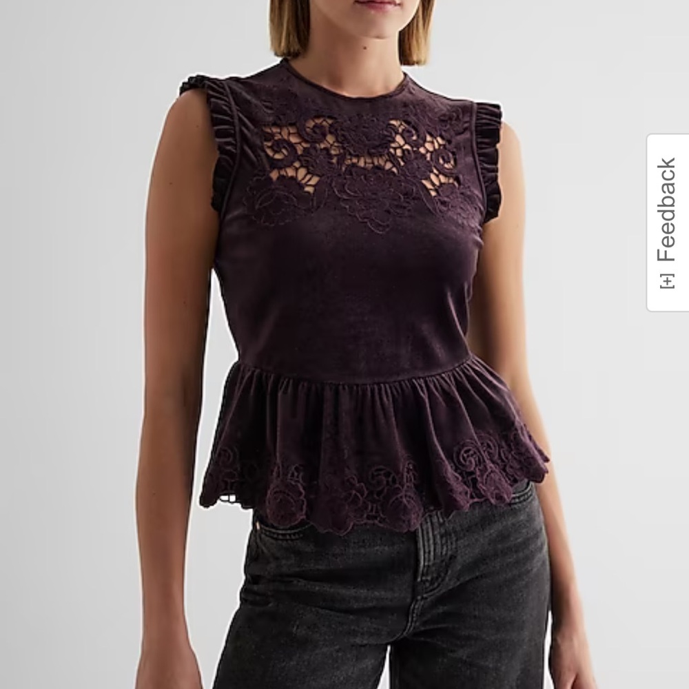 Express Velvet Crew Neck Lace Embroidered Peplum Top NWT
